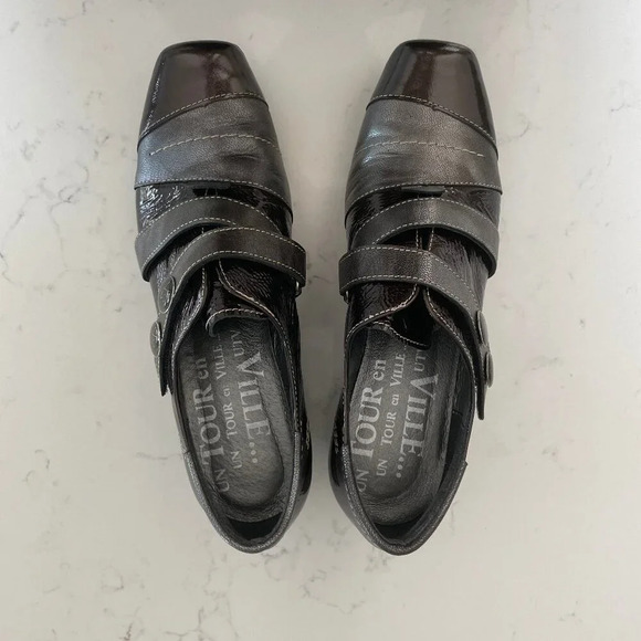 Un Tour en Ville Casual Funky Sgl Strap Patent Leather Shoes Brown Grey Sz 36 - Picture 2 of 12